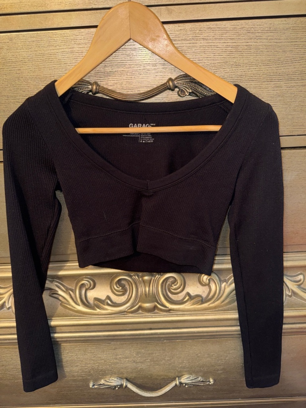 Garage Black Ribbed Long-Sleeve Cropped Top